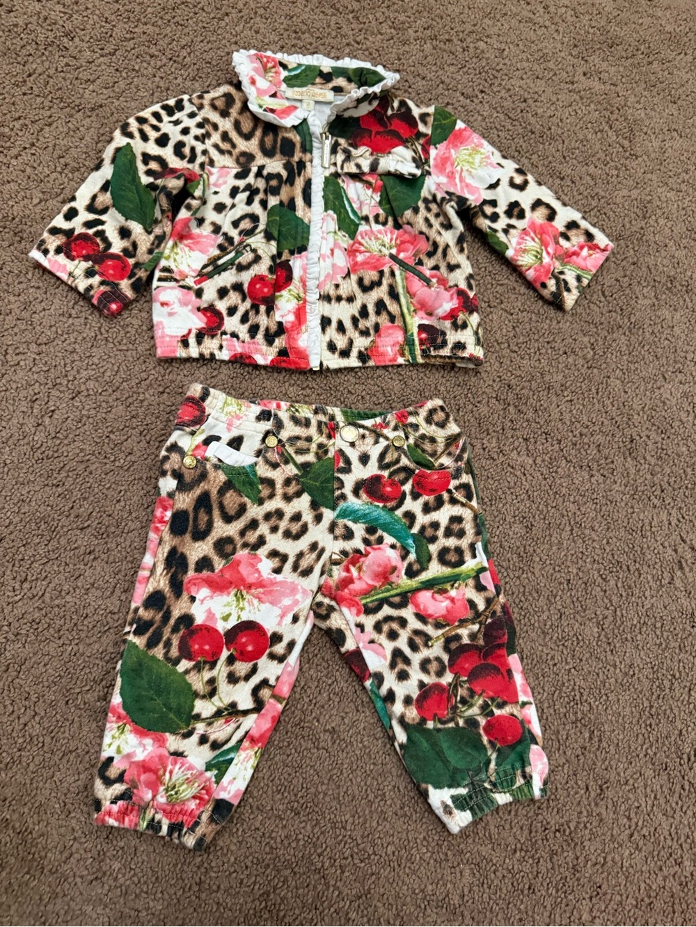 Roberto Cavalli Girls' Leopard Floral Cherry Pajama Set - Green, Pink, Red
